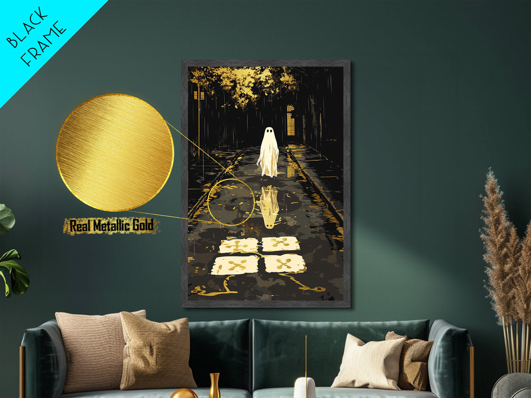 Spooky Ghost Reflection Metallic Gold Art, Haunted Night Metal Art, Halloween Wall Print, Autumn Season Décor in Wood Frame