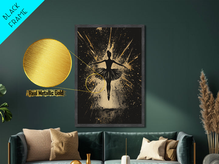 Ballerina In Shadows Metallic Gold Art, Gothic Dance Metal Art, Dark Spooky Season Halloween Wall Print with Real Wood Frame