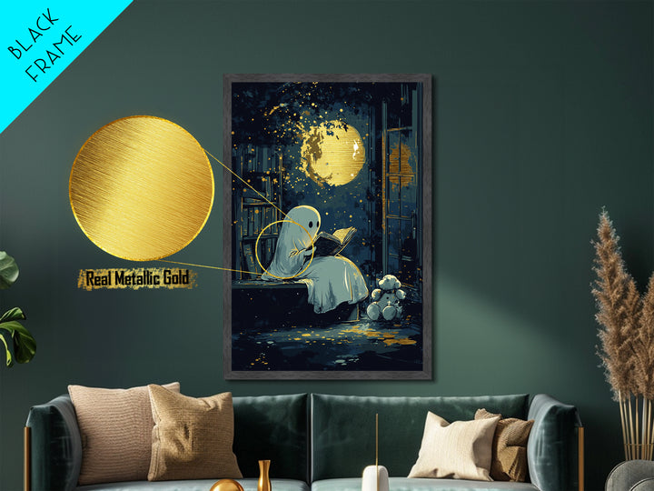 Cute Ghost Reading Under Moon, Metallic Gold Art, Whimsical Spooky Season Metal Art, Halloween Wall Print in Wooden Frame