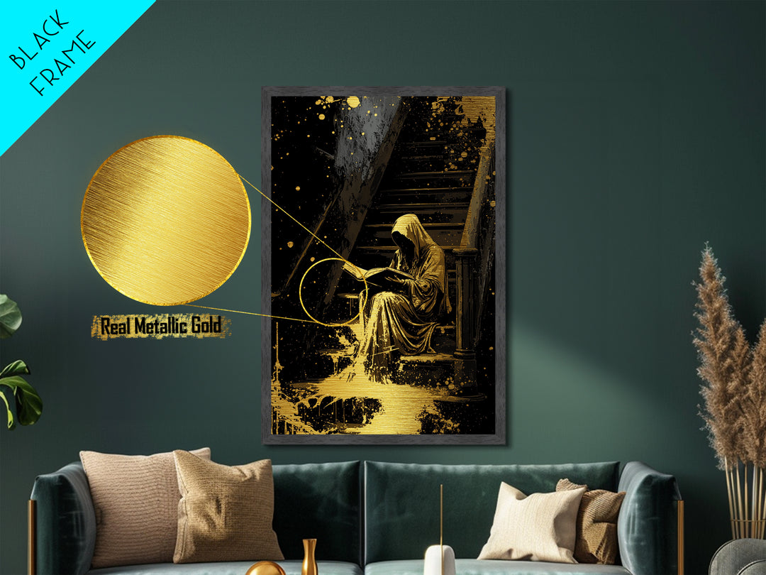 Hooded Reader On Stairs Metallic Gold Art, Haunted Gothic Metal Art, Spooky Horror Season Wall Décor with Real Wood Framing