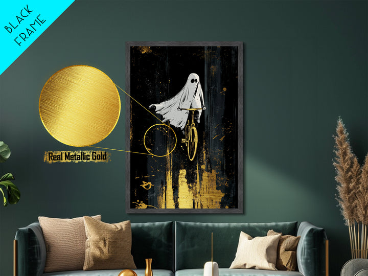 Playful Ghost On Bicycle Metallic Gold Art, Creepy Cute Metal Art, Halloween Haunted Season Wall Print Framed in Natural Wood