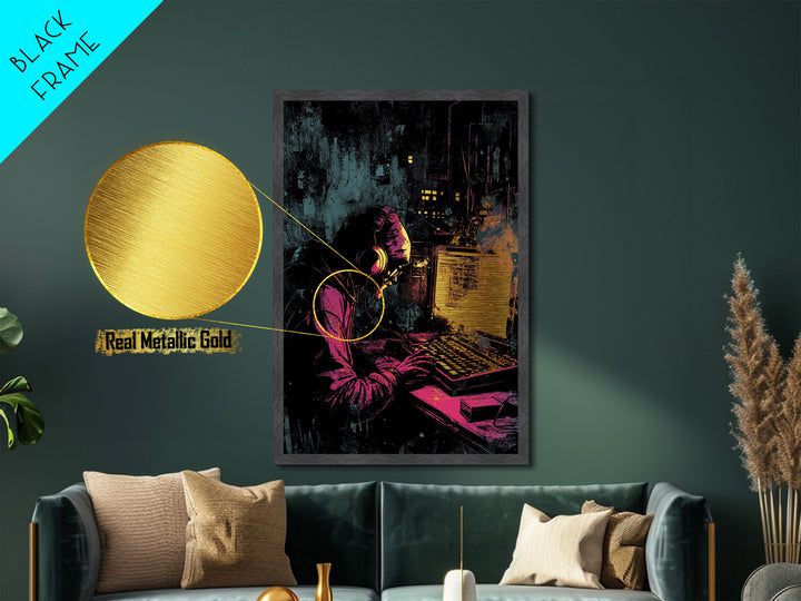 Cyberpunk Hacker Metallic Gold Art | Spooky Halloween Tech Wall Decor | Metal Art in Real Wood Frame