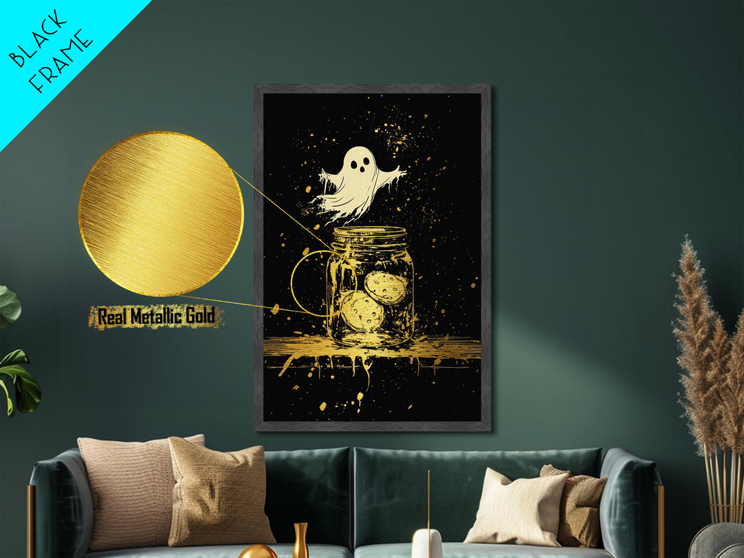 Haunted Cookie Jar Metallic Gold Art | Cute Ghost Metal Art Wall Decor In Rustic Real Wood Frame For Spooky Season