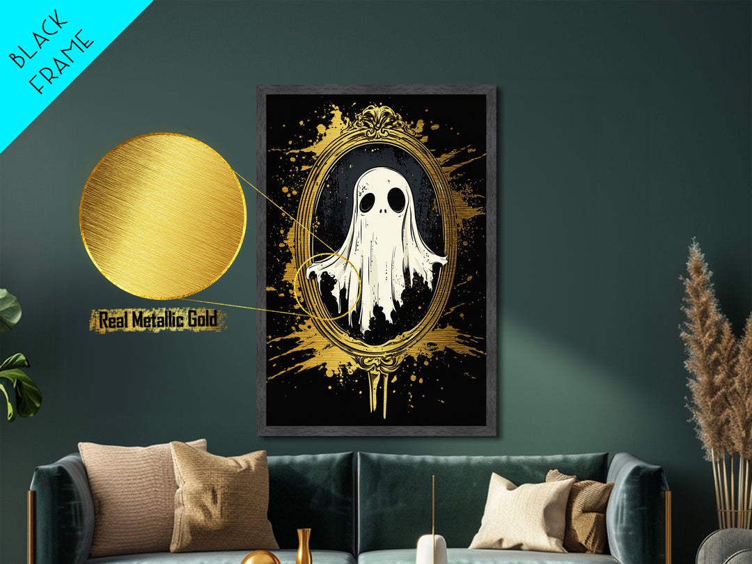 Haunted Mirror Metallic Gold Art | Gothic Ghost Metal Art Framed In Solid Real Wood For Spooky Season Wall Decor