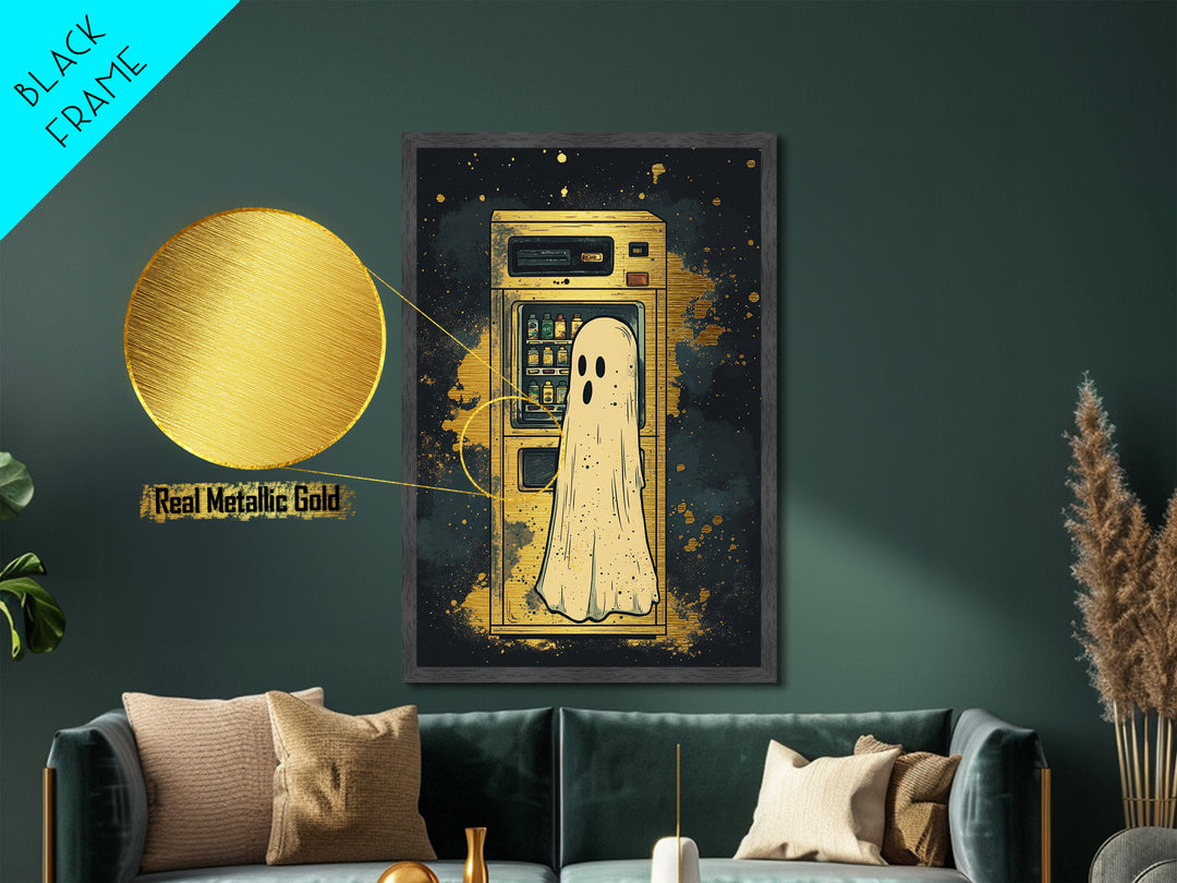 Ghost At Vending Machine Metallic Gold Art | Quirky Haunted Metal Art Spooky Season Wall Hanging In Real Wood Frame