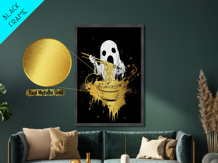 Creepy Ghost Eating Ramen Metallic Gold Art | Haunted Kitchen Metal Art Wall Decor With Real Wood Frame For Halloween