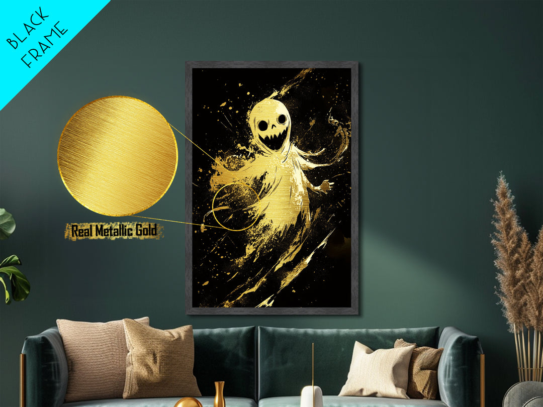 Sinister Smiling Spirit Metallic Gold Art | Horror Ghost Metal Art Framed In Authentic Real Wood For Spooky Season