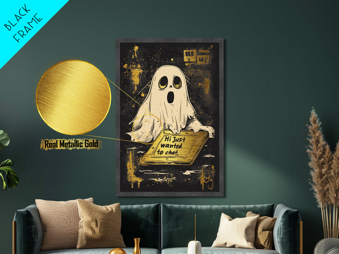 Spooky Ghost Greeting Metallic Gold Art, Gothic Metal Art Wall Décor with Natural Wood Frame for Halloween Haunted Home