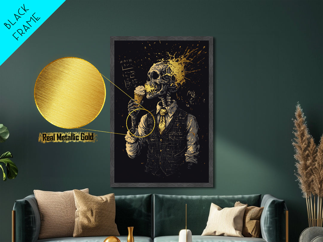 Skeleton with Ice Cream Metallic Gold Art, Creepy Metal Art Illustration Framed in Real Wood, Spooky Season Wall Décor