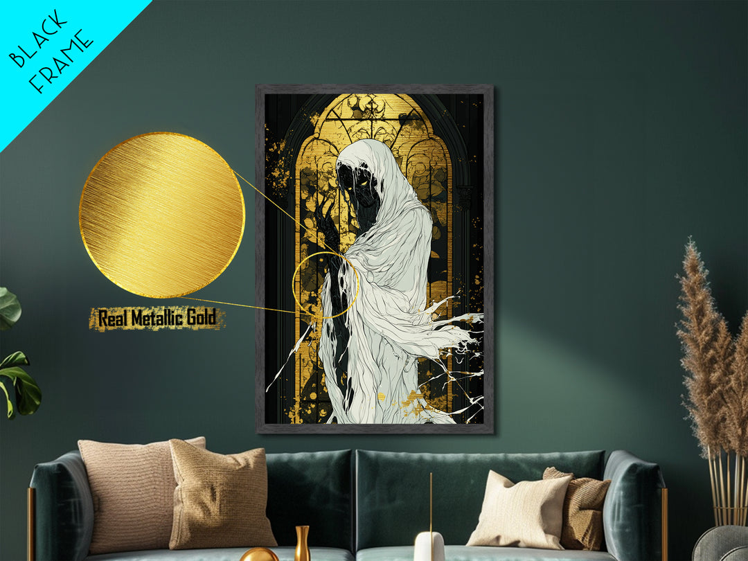 Dark Phantom in Chapel Metallic Gold Art, Gothic Horror Metal Art Print with Handcrafted Wood Frame, Spooky Season Wall