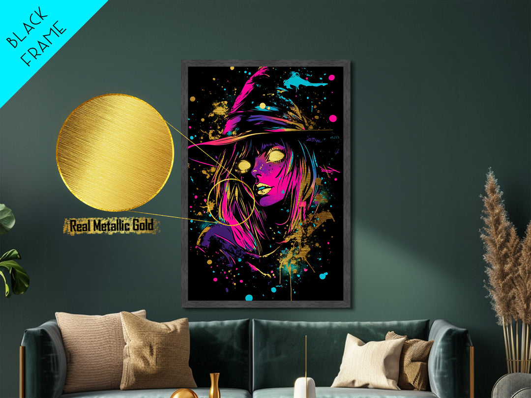Neon Witch Metallic Gold Art | Vibrant Spooky Halloween Wall Art | Metal Art Glow Effect in Real Wood Frame