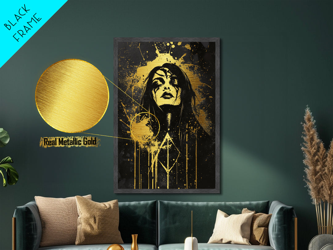 Haunted Sorceress Portrait Metal Art – Metallic Gold Art Halloween Wall Hanging, Gothic Style, Mounted in Natural Wood Frame