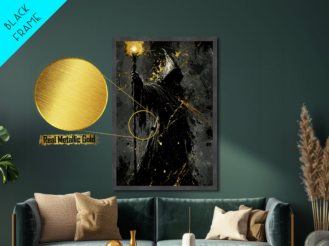 Dark Wizard Silhouette Metal Art – Metallic Gold Art Spooky Gothic Decor, Halloween Wall Print with Real Wood Frame