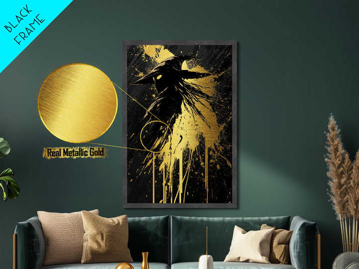 Mystical Plague Doctor Mask Metallic Gold Art – Spooky Season Metal Art Gothic Halloween Wall Print, Framed in Authentic Wood