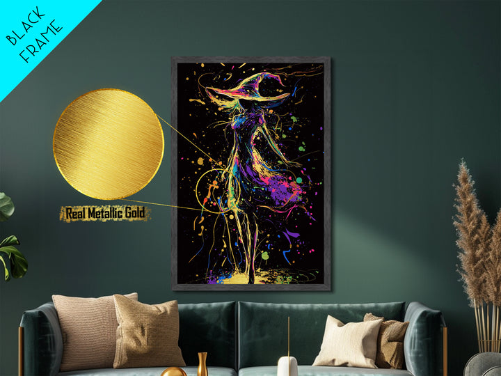 Mystical Witch Silhouette Metallic Gold Art | Spooky Halloween Wall Art | Metal Art with Real Wood Frame