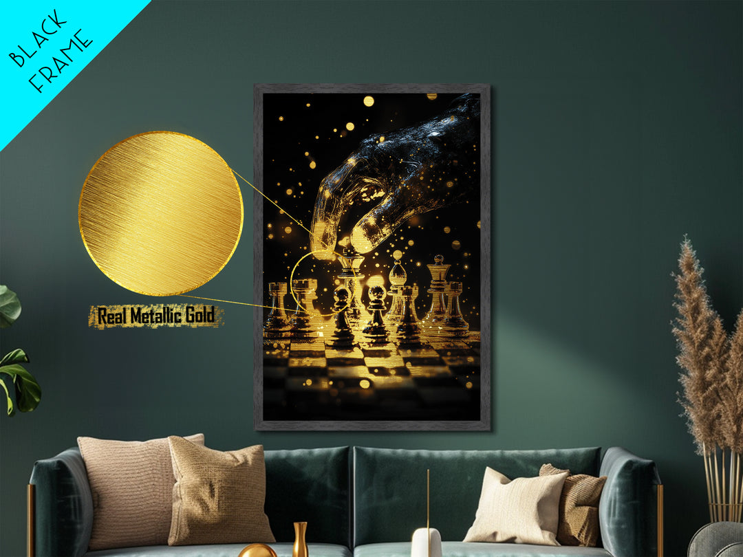 Mystic Chessboard Hand Metallic Gold Art, Haunted Gothic Metal Art With Real Wood Framing, Spooky Halloween Decor For Home