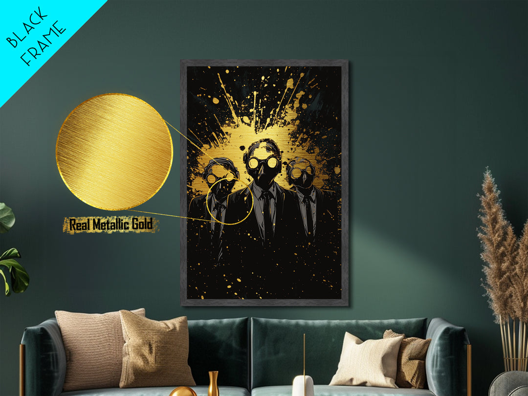 Sinister Trio In Gas Masks Metallic Gold Art, Horror Gothic Metal Art With Real Wood Frame, Creepy Halloween Spooky Wall Art
