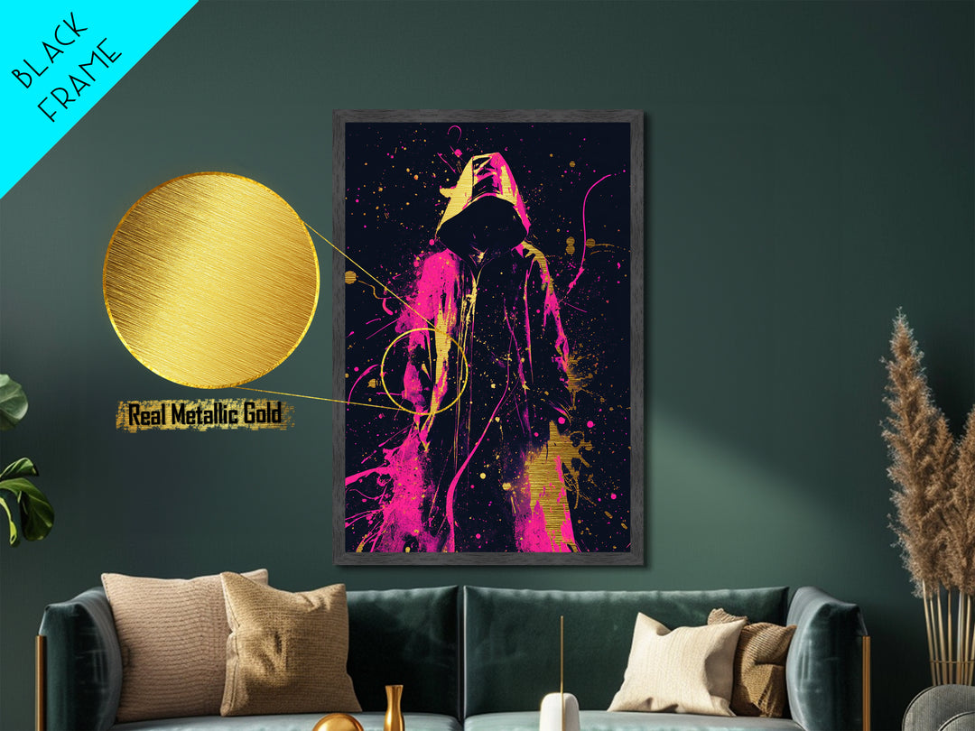 Neon Hooded Phantom Metallic Gold Art, Gothic Spooky Season Metal Art With Real Wood Frame, Haunted Halloween Wall Decoration