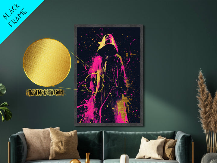 Neon Hooded Phantom Metallic Gold Art, Gothic Spooky Season Metal Art With Real Wood Frame, Haunted Halloween Wall Decoration