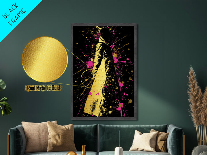 Vivid Cloaked Shadow Metallic Gold Art, Horror Gothic Halloween Metal Art Framed In Real Wood, Creepy Spooky Season Artwork
