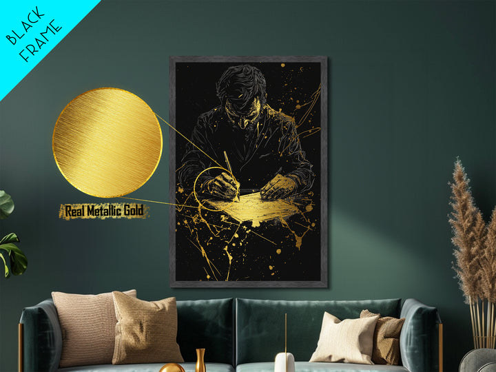 Haunted Writer At Desk Metallic Gold Art, Gothic Horror Halloween Metal Art In Real Wood Frame, Spooky Season Wall Decoration