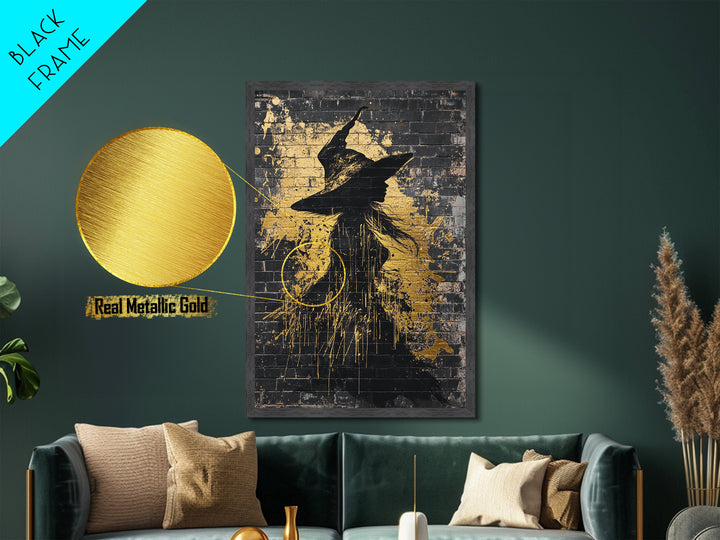Witch Graffiti Metallic Gold Art | Spooky Halloween Street Style Wall Decor | Metal Art in Real Wood Frame
