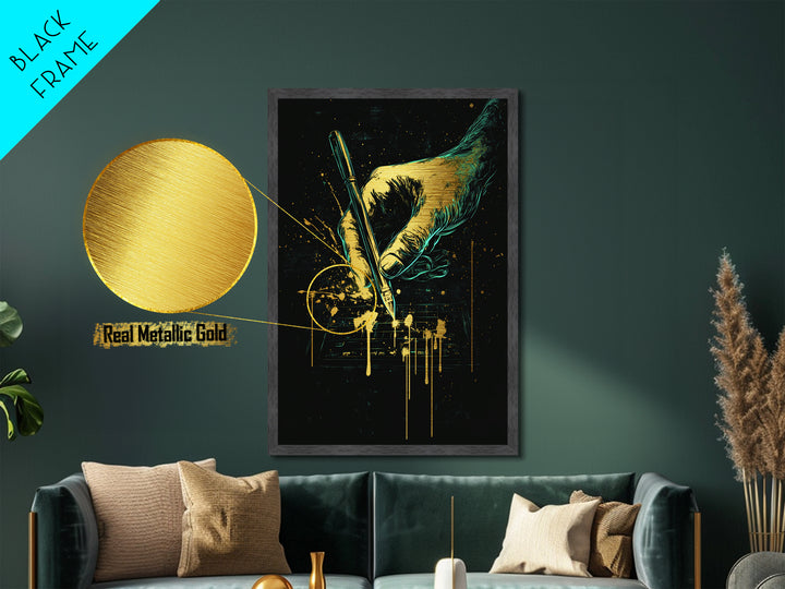 Creepy Hand With Pen Metallic Gold Art, Horror Gothic Halloween Metal Art With Natural Wood Framing, Spooky Haunted Wall Decor