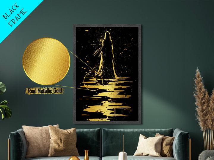 Haunted Silhouette Metallic Gold Art, Spooky Season Wall Decor, Gothic Horror Metal Art Framed in Real Wood