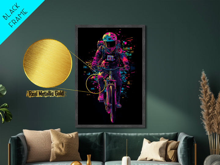 Witchy Rider Metallic Gold Art, Vibrant Spooky Season Metal Art Halloween Bicycle Print in Natural Wood Frame