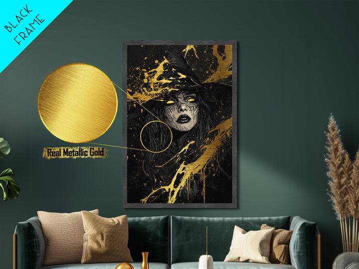 Dark Sorceress Metallic Gold Art, Witchy Halloween Metal Art with Gothic Vibes, Framed in Real Wood