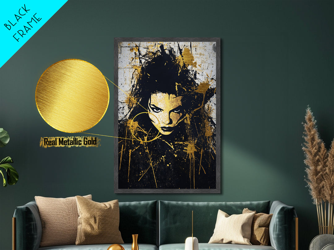 Haunted Graffiti Face Metallic Gold Art, Gothic Halloween Wall Decor, Horror Metal Art Portrait in Natural Wood Frame