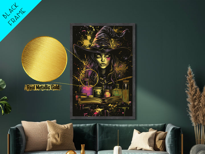 Witchcraft Alchemy Metallic Gold Art, Gothic Halloween Potion Bottles Metal Art Decor, Real Wood Frame Included