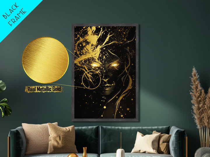 Glowing Eyes Metallic Gold Art, Spooky Season Witchy Horror Portrait, Gothic Metal Art in Real Wood Frame