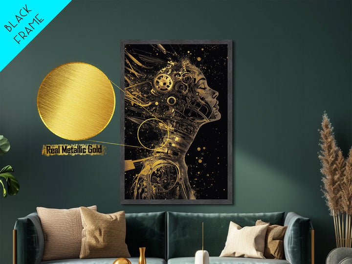 Metallic Gold Art Cyberpunk Automaton Portrait | Gothic Halloween Metal Art Wall Decor | Framed in Real Natural Wood