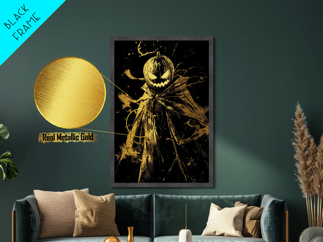 Spooky Pumpkin Head Scarecrow Metallic Gold Art | Creepy Halloween Metal Art Print | Haunted Wall Hanging with Wood Frame