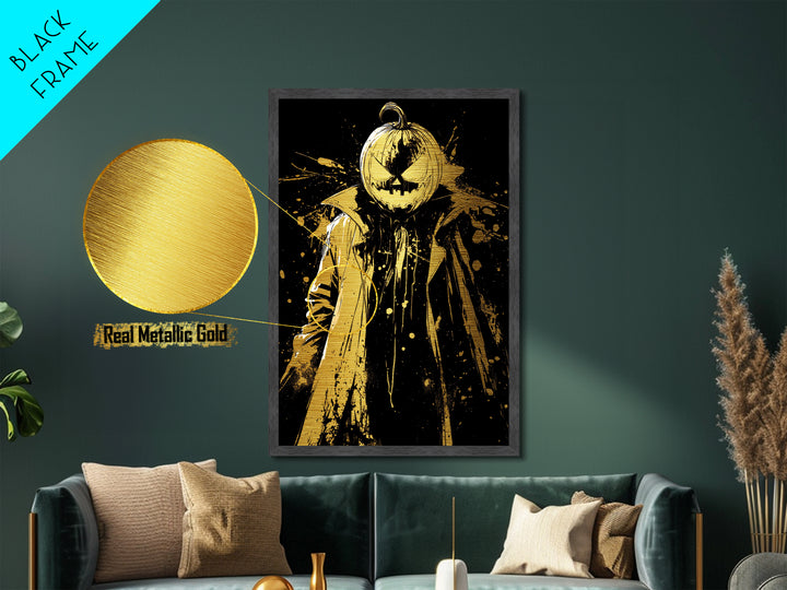 Metallic Gold Art Jack O Lantern Villain | Horror Halloween Metal Art Home Wall Decor | Real Wood Frame Gothic Display