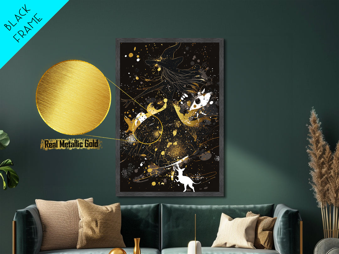 Witchy Woman Metallic Gold Art Silhouette | Spooky Season Halloween Metal Art Print | Natural Wood Framed Wall Hanging