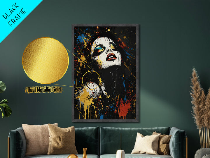 Metallic Gold Art Gothic Clown Woman | Spooky Halloween Metal Art Portrait | Creepy Horror Wall Art Framed in Real Wood