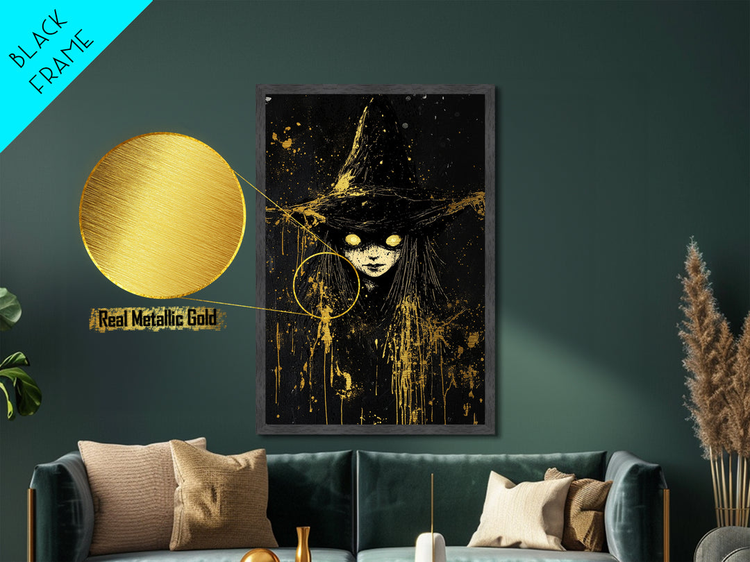 Glowing Eyes Witch Metallic Gold Art | Spooky Halloween Wall Art | Metal Art Splatter Design with Real Wood Frame