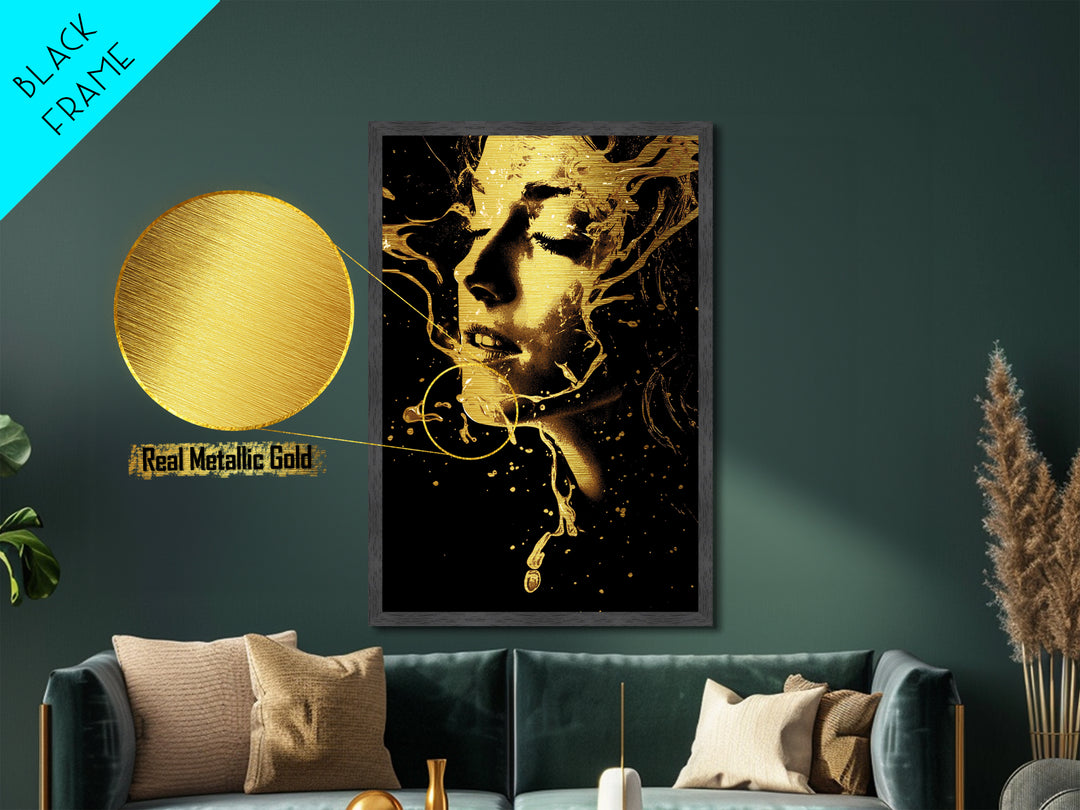 Witchy Woman Portrait Metal Art, Metallic Gold Art in Natural Wood Frame, Creepy Halloween Wall Hanging Gothic Décor