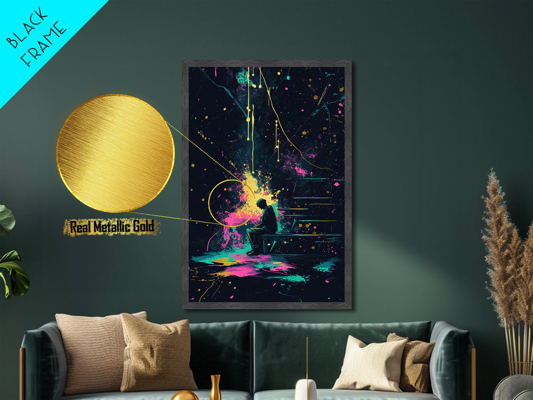 Lonely Figure On Bench, Cosmic Splatter Halloween Metallic Gold Art, Gothic Metal Art With Framing In Real Wood