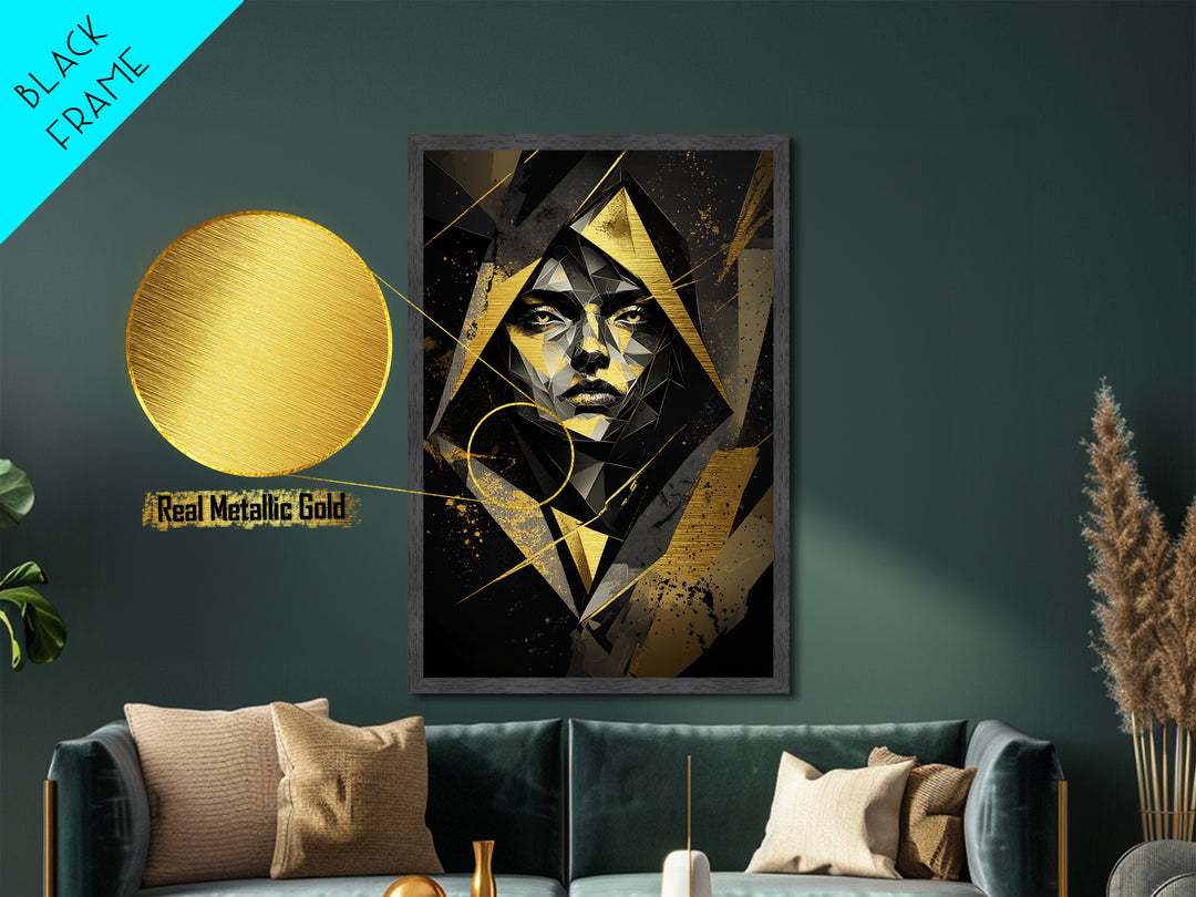 Geometric Gothic Portrait, Halloween Inspired Metallic Gold Art, Unique Metal Art Print In A Handcrafted Wooden Frame