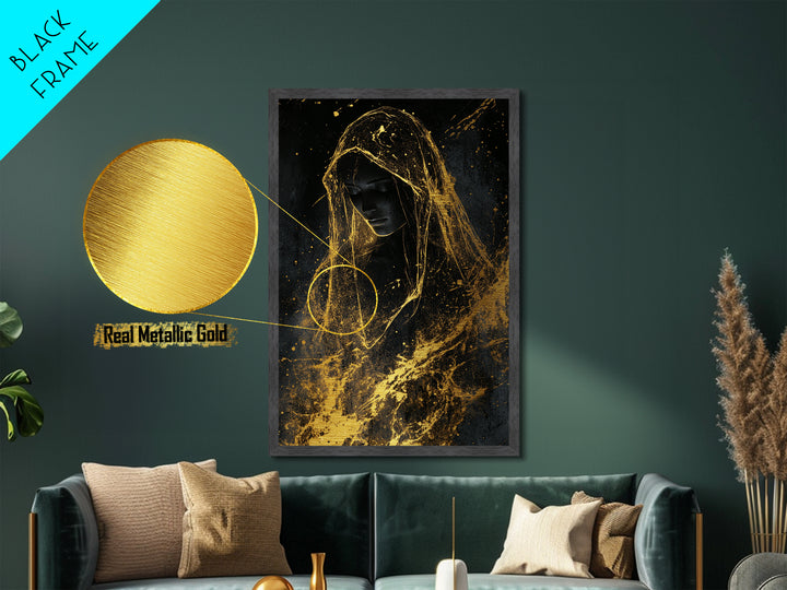 Golden Veil Haunted Figure, Metallic Gold Art Gothic Metal Art For Spooky Halloween Wall Décor, Framed In Real Wood