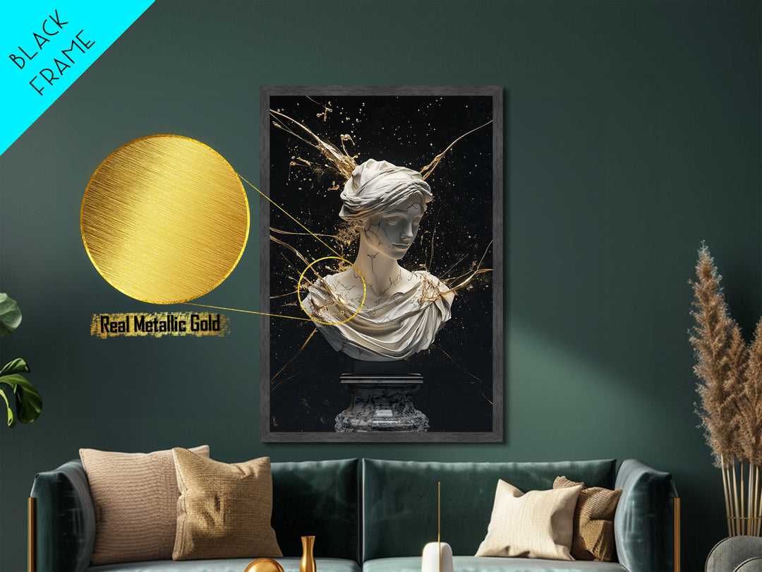 Classical Marble Witch Goddess Bust – Metallic Gold Art, Halloween Metal Art Print in Real Wood Frame, Elegant Spooky Decor
