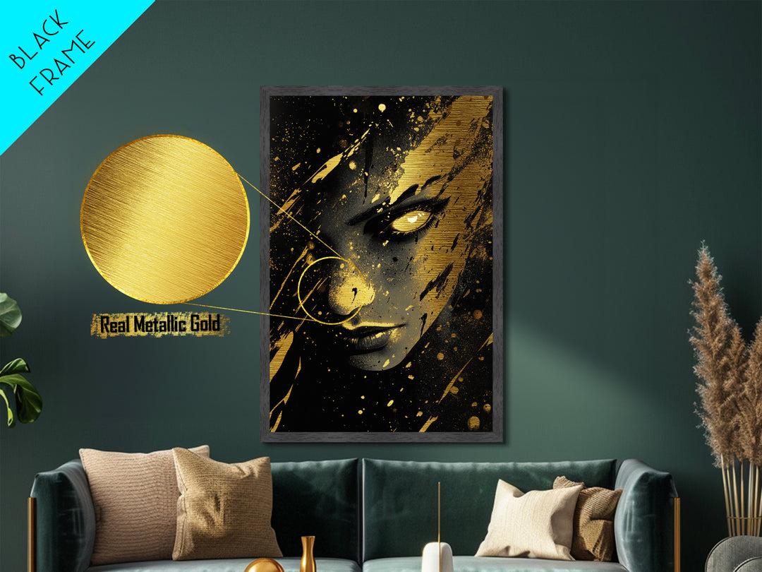 Haunted Face Metallic Gold Art | Spooky Halloween Witch Portrait Wall Decor | Metal Art in Real Wood Frame