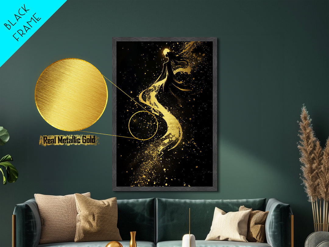 Celestial Witch Ascending, Halloween Metallic Gold Art, Spooky Gothic Metal Art Framed In Elegant Handcrafted Wooden Frame