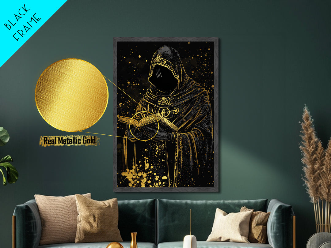 Creepy Occult Priest Metallic Gold Art Metal Art Halloween Gothic Horror Wall Hanging With Natural Wood Frame Spooky Decor