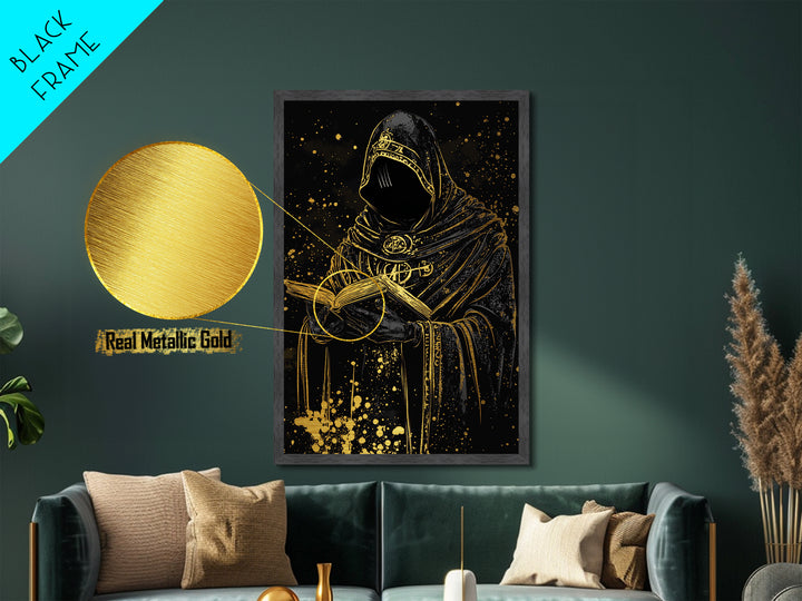 Creepy Occult Priest Metallic Gold Art Metal Art Halloween Gothic Horror Wall Hanging With Natural Wood Frame Spooky Decor