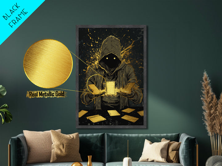Spooky Tarot Magician Metallic Gold Art Metal Art Halloween Gothic Wall Hanging In Natural Wood Frame Haunted Witchy Decor