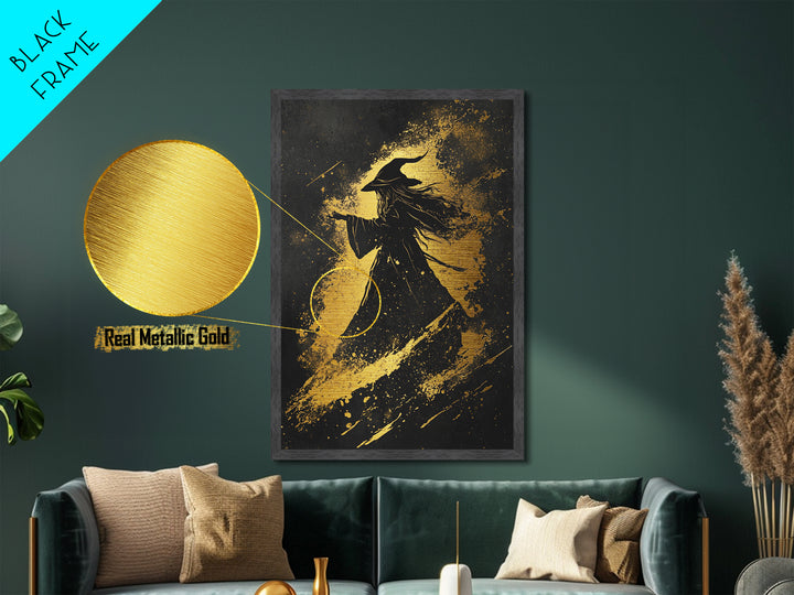 Witch Silhouette Metallic Gold Art Metal Art | Gothic Halloween Wall Decor Framed in Real Wood | Haunted Witchy Spooky Print
